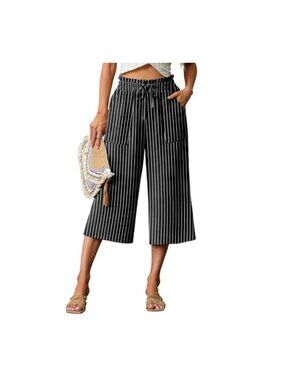 Women's High Waisted Wide Leg Capri Pants Adjustable Tie Knot with Pockets